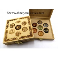 Chakra Mandal Set Engraved Wooden Box With Gemstone Cabochon Engraved Chakra Set 